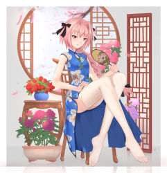Rule 34 | 1boy, alternate costume, architecture, astolfo (fate), black bow, blue dress, border, bow, braid, braided ponytail, china dress, chinese clothes, crossdressing, crossed legs, dianli xinhao, dress, east asian architecture, fate/apocrypha, fate/grand order, fate (series), feet, floral print, flower, flower pot, full body, grey background, hair bow, hair intakes, hand fan, indoors, legs, long legs, male focus, no shoes, paper fan, pink hair, print dress, see-through, see-through legwear, shadow, short sleeves, side slit, sidelocks, sitting, solo, thighhighs, thighs, toes, trap, white border, white thighhighs