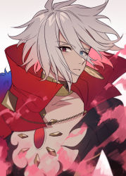 Rule 34 | 1boy, bishounen, blue eyes, chest jewel, closed mouth, earrings, eyes visible through hair, fate/apocrypha, fate (series), gradient background, grey background, grey hair, hair between eyes, hair over one eye, heterochromia, jewelry, karna (fate), karokuchitose, looking at viewer, male focus, pink hair, red eyes, solo, upper body, white background