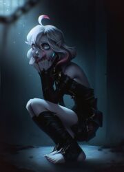 Rule 34 | 1girl, ahoge, bare shoulders, black leotard, blurry, blurry foreground, briar (league of legends), chain, colored sclera, detached sleeves, from side, grey eyes, grey hair, highres, league of legends, leotard, light, medium hair, pink sclera, pointy ears, pouch, pout, red lips, solo, squatting, stirrup legwear, toeless footwear, toeless legwear, vatheja