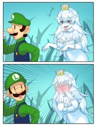 Rule 34 | +++, 1boy, 1girl, 2koma, :d, blue overalls, blush, breasts, choir (artist), colored skin, comic, commentary request, covering face, crown, dress, emphasis lines, facial hair, frilled gloves, frills, full-face blush, ghost, gloves, hair between eyes, hat, highres, large breasts, long hair, long tongue, looking at another, looking back, luigi, luigi&#039;s mansion, mario (series), mustache, new super mario bros. u deluxe, nintendo, open mouth, overalls, princess king boo, puffy short sleeves, puffy sleeves, red eyes, shaded face, sharp teeth, short sleeves, silent comic, smile, super crown, teeth, tongue, v-shaped eyebrows, white dress, white gloves, white hair, white skin, | |