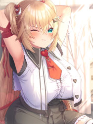 Rule 34 | 1girl, akai haato, aqua eyes, armpits, arms up, black skirt, blonde hair, blush, breasts, closed mouth, collared shirt, commentary request, crossed bangs, hair ornament, highres, hololive, huge breasts, long hair, magowasabi, necktie, one eye closed, outdoors, red necktie, red ribbon, ribbon, shirt, signature, sitting, skirt, solo, stretching, sunlight, thighhighs, tree, very long hair, virtual youtuber, white shirt, white thighhighs, x hair ornament