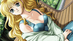Rule 34 | 1girl, bench, blonde hair, breasts, cleavage, dutch angle, game cg, hoshi no pierce, kinmedai pink, solo, texture, third-party edit