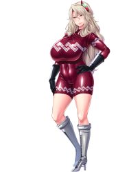 Rule 34 | 00s, 1girl, black gloves, blonde hair, blue eyes, bodysuit, boots, breasts, eliza perlman, female focus, full body, gloves, hand on own hip, high heel boots, high heels, huge breasts, kangoku academia, kangoku senkan, large breasts, latex, latex suit, lilith-soft, long hair, looking at viewer, parted lips, prison academia, shiny skin, sian, simple background, skin tight, smile, solo, standing, white background, white footwear