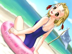 Rule 34 | 1girl, adachi rika, beach, blonde hair, blush, breasts, game cg, green eyes, innertube, joy ride, libido, looking at viewer, looking back, one-piece swimsuit, outdoors, pinup girls, short hair, sky, small breasts, smile, solo, swim ring, swimsuit, water