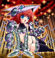 Rule 34 | 1girl, blue eyes, bunji, chimeratech fortress dragon, commentary request, dragon girl, duel monster, electricity, flat chest, headgear, mecha musume, personification, red hair, sitting, solo, thighhighs, yu-gi-oh!