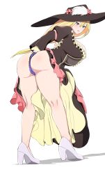 Rule 34 | 1girl, absurdres, ankle, arm behind back, ass, ass focus, black dress, black hat, blonde hair, blue eyes, blush, breasts, clothes lift, darkness (konosuba), dress, dress lift, female focus, frilled dress, frilled hat, frills, from behind, full body, hat, heels, high heels, highres, huge ass, knees, kono subarashii sekai ni shukufuku wo!, large breasts, legs, lifted by self, lingerie, long dress, long hair, long legs, long sleeves, looking at viewer, looking back, official alternate costume, open mouth, panties, pink frills, purple panties, pussy, reofenja, shadow, simple background, solo, surprised, thick thighs, thighs, two-tone dress, underwear, white background, white footwear, yellow dress, yellow frills