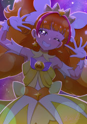 Rule 34 | 1girl, amanogawa kirara, back bow, bow, choker, cure twinkle, dress, earrings, gloves, go! princess precure, hair ornament, highres, jewelry, long hair, looking at viewer, magical girl, night, one eye closed, orange hair, precure, purple eyes, quad tails, solo, star (symbol), star earrings, starry background, tiler (tiler00), waist bow, white gloves, yellow bow, yellow choker, yellow dress