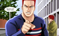 Rule 34 | 2boys, alternate costume, angry, blue eyes, blue shirt, boku no hero academia, building, commentary, embarrassed, endeavor (boku no hero academia), english commentary, english text, father and son, from side, green jacket, hand on own face, jacket, male focus, multicolored shirt, multiple boys, outdoors, pointing, pointing at viewer, red hair, red shirt, scar, scar across eye, shirt, short hair, speech bubble, striped clothes, striped shirt, teeth, todoroki shouto, tree, trevo (trevoshere), white hair, white shirt
