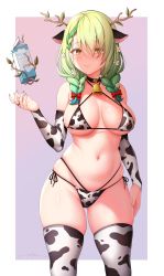 Rule 34 | 1girl, absurdres, animal ears, animal print, antlers, aqua nails, bell, bikini, black choker, blush, border, bow, braid, branch, breasts, bridal gauntlets, ceres fauna, choker, closed mouth, commentary, cow ears, cow print, cow print bikini, cowbell, english commentary, floating, floating object, flower, gluteal fold, green hair, groin, hair bow, hair flower, hair ornament, highres, hololive, hololive english, horns, large breasts, leaf, long hair, looking at viewer, milk carton, mole, mole under mouth, multi-strapped bikini, nail polish, navel, neck bell, print bikini, print thighhighs, red bow, side-tie bikini bottom, skindentation, solo, stomach, swimsuit, thighhighs, thighs, twin braids, underboob, unsfrau, virtual youtuber, white border, yellow eyes