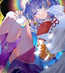 Rule 34 | 1girl, blue eyes, blue hair, boots, cape, chinese commentary, commentary request, crying, crying with eyes open, dress, eyes visible through hair, flower knot, footwear ribbon, hairband, highres, long sleeves, medium hair, multicolored clothes, multicolored dress, multicolored hairband, rainbow, rainbow order, ribbon, sitting, sleeves past wrists, solo, tears, tenkyuu chimata, thighs, touhou, white cape, white ribbon, xinjinjumin249055877979