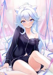 Rule 34 | 1girl, :q, absurdres, ahoge, animal ear fluff, animal ears, bad id, bad twitter id, bare shoulders, black shirt, black shorts, blouse, blue eyes, blue hair, closed mouth, equal (heartstrings), heart, heart-shaped pupils, highres, indie virtual youtuber, kanase ito, knee up, long hair, long sleeves, looking at viewer, naughty face, off shoulder, partially unbuttoned, pillow, shirt, short shorts, shorts, sitting, smile, solo, symbol-shaped pupils, thighs, tongue, tongue out, very long hair, virtual youtuber