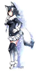 Rule 34 | 10s, 1girl, animal ears, bad id, bad pixiv id, black hair, blue eyes, breasts, full body, fur collar, gloves, grey wolf (kemono friends), heterochromia, highres, kemono friends, long hair, long sleeves, looking at viewer, medium breasts, multicolored hair, necktie, skirt, smile, solo, tail, tsukasa-emon, two-tone hair, white hair, wolf ears, wolf tail, yellow eyes