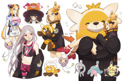Rule 34 | 1girl, abigail williams (fate), abigail williams (traveling outfit) (fate), absurdres, alternate color, bandaid, bandaid on face, bandaid on forehead, bewear, black coat, blonde hair, blue eyes, bow, carrying, coat, cosplay, creatures (company), cropped legs, double bun, drifloon, dynamax, dynamax ball, dynamax band, fate/grand order, fate (series), game freak, gen 4 pokemon, gen 6 pokemon, gen 7 pokemon, gen 8 pokemon, grin, gym challenge uniform, hair bow, hair bun, hatenna, highres, klefki, kyojo128, long hair, marnie (pokemon), marnie (pokemon) (cosplay), midriff, mimikyu, navel, nintendo, pokemon, pokemon swsh, princess carry, red eyes, shiny pokemon, shorts, signature, single hair bun, smile, stufful, white background