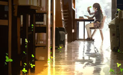 Rule 34 | black hair, black jacket, book, book stack, bookshelf, bow, braid, chair, clover, clover (flower), dappled sunlight, desk, facing to the side, flower, folding chair, full body, fuu fuu, gradient hair, highres, indoors, jacket, library, loafers, multicolored hair, nijisanji, plaid, plaid skirt, profile, rabbit, reading, red bow, school uniform, shoes, skirt, solo, sunlight, thighhighs, tsukino mito, tsukino mito (1st costume), virtual youtuber, white thighhighs, zettai ryouiki