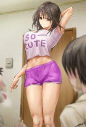 Rule 34 | 1girl, 2boys, arm behind head, arm up, artist name, black eyes, black hair, blurry, blurry background, blurry foreground, breasts, closed mouth, clothes writing, commentary request, commission, cropped shirt, depth of field, dolphin shorts, english text, hatsukoi limited, highres, indoors, large breasts, long hair, looking at viewer, loungewear, m.m (mmitsu 93), midriff, multiple boys, navel, pink shirt, pixiv commission, purple shorts, school uniform, shirt, short shorts, short sleeves, shorts, signature, smile, solo, standing, yamamoto misaki