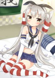 Rule 34 | 1girl, :&lt;, amatsukaze (kancolle), bare shoulders, between legs, black panties, blue skirt, blurry, blush, bow, brown eyes, cosplay, depth of field, elbow gloves, gloves, hair bow, hair tubes, hairband, hand between legs, highleg, highleg panties, holding own arm, kantai collection, long hair, looking at viewer, masuishi kinoto, midriff, miniskirt, neckerchief, no shoes, on bed, panties, patterned legwear, sailor collar, shima (shima je), shimakaze (kancolle), shimakaze (kancolle) (cosplay), silver hair, sitting, skirt, solo, striped clothes, striped thighhighs, thighhighs, two-tone stripes, underwear, very long hair, wariza, white gloves