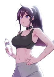 Rule 34 | absurdres, armpits, bottle, breasts, character request, cleavage, copyright request, dia (yvirus68), hand on own hip, highres, large breasts, midriff, mole, mole on breast, mole on stomach, mole under eye, open mouth, purple eyes, purple hair, solo, sports bra, sweat, water bottle, white background