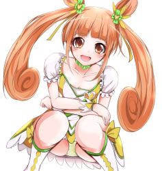Rule 34 | 1girl, :d, bad id, bad pixiv id, blush, boots, breasts, brooch, cleavage, crossed arms, cure rosetta, dokidoki! precure, heart, heart brooch, highres, jewelry, matching hair/eyes, open mouth, orange eyes, orange hair, panties, pantyshot, precure, simple background, small breasts, smile, solo, squatting, twintails, underwear, velia, white background, yotsuba alice