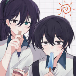Rule 34 | 2boys, black eyes, black hair, blue eyes, blush, closed mouth, collared shirt, food, grid background, heterochromia, high ponytail, holding, holding food, holding popsicle, hong lu (project moon), limbus company, long hair, looking at viewer, male focus, mokapome, multiple boys, popsicle, project moon, school uniform, shirt, simple background, smile, sweat, upper body, very long hair, white background, white shirt, yi sang (project moon)