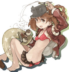 Rule 34 | 10s, 1girl, :d, arm up, armpits, barefoot, bikini, bikini skirt, blush, breasts, brown eyes, brown hair, chopsticks, food, innertube, jacket, kantai collection, long sleeves, looking at viewer, noodles, open clothes, open jacket, open mouth, pinero, red bikini, ryuujou (kancolle), simple background, small breasts, smile, solo, striped bikini, striped clothes, swim ring, swimsuit, takoyaki, twintails, visor cap, white background