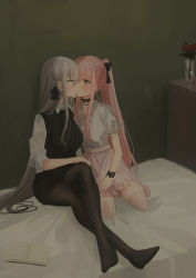 Rule 34 | 2girls, bed, black bow, black legwear, black shorts, blouse, blush, book, bow, braid, breasts, brown eyes, chihuri, collared shirt, commentary request, ear piercing, earrings, eye contact, flower, frilled shirt, frilled skirt, frills, grey eyes, grey hair, hair between eyes, hair bow, highres, imminent kiss, indoors, jewelry, knee up, pantyhose under shorts, long hair, looking at another, medium breasts, multiple girls, on bed, open book, original, pantyhose, parted lips, piercing, pink hair, pink skirt, ponytail, profile, puffy short sleeves, puffy sleeves, red flower, red rose, rose, shirt, short shorts, short sleeves, shorts, sitting, skirt, stud earrings, sweater vest, thighhighs, vase, very long hair, white legwear, white shirt, yana (chihuri), yuri, zoya petrovna vecheslova