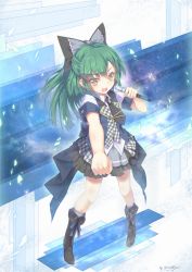 Rule 34 | 10s, 1girl, :d, absurdres, akb0048, artist name, boots, dated, green hair, highres, holding, microphone, north abyssor, open mouth, outstretched arm, plaid, smile, solo, takahashi minami (akb0048), yellow eyes