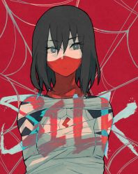 Rule 34 | 1girl, absurdres, animification, black hair, bodysuit, bound, breasts, character name, cindy moon, commentary, english commentary, highres, looking at viewer, marvel, mask, medium breasts, mouth mask, short hair, silk, silk (marvel), skin tight, solo, spider-man (series), spider web, spider web print, superhero costume, sushi pizza rrr, tied up (nonsexual)