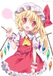 Rule 34 | 1girl, ascot, blonde hair, blush, eyebrows, flandre scarlet, hair between eyes, hat, hat ribbon, head tilt, highres, kyouda suzuka, long hair, looking at viewer, mob cap, open mouth, puffy short sleeves, puffy sleeves, red eyes, red skirt, ribbon, short sleeves, side ponytail, simple background, skirt, skirt set, solo, teeth, touhou, twitter username, vest, white background, wings, wrist cuffs