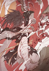 Rule 34 | 1boy, amputee, bandaged arm, bandaged leg, bandages, barefoot, bebseo, biting, black hair, blade, bleeding, blood, blood on face, bone, cutting, dororo (tezuka), expressionless, flesh, forked tongue, hair between eyes, highres, hyakkimaru (dororo), japanese clothes, male focus, medium hair, open mouth, ponytail, red background, red eyes, reptile, saliva, scales, signature, slit pupils, solo, spine, sun, teeth, tongue, torn clothes, twitter username, weapon