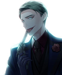 Rule 34 | 1boy, araragi soushi, batman (series), black gloves, blue eyes, blue suit, boutonniere, dc comics, gloves, gotham (series), gun, highres, holding, holding gun, holding weapon, houndstooth, licking, licking weapon, male focus, necktie, simple background, solo, suit, tongue, tongue out, upper body, weapon, white background