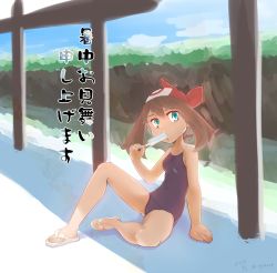 Rule 34 | 1girl, bandana, brown hair, creatures (company), food, game freak, highres, ice cream, looking at viewer, may (pokemon), nintendo, nyonn24, one-piece swimsuit, pokemon, pokemon rse, popsicle, sandals, solo, swimsuit