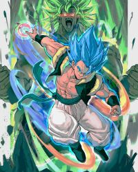 Rule 34 | 2boys, abs, absurdres, blue eyes, blue hair, broly (dragon ball super), clenched hand, clenched hands, commentary, dragon ball, dragon ball super, dragon ball super broly, energy ball, english commentary, glowing, glowing eyes, gogeta, green hair, highres, kornart, legendary super saiyan, male focus, metamoran vest, multiple boys, muscular, muscular male, pants, pectorals, smile, super saiyan, super saiyan blue, white pants