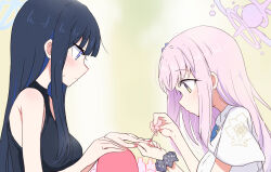 Rule 34 | 2girls, applying manicure, black hair, black shirt, blue archive, blue eyes, breasts, capelet, colored inner hair, dress, halo, highres, itamochi, long hair, medium breasts, mika (blue archive), multicolored hair, multiple girls, nail polish, painting nails, pink hair, saori (blue archive), scrunchie, shirt, sleeveless, sleeveless dress, sleeveless shirt, white capelet, white dress, wrist scrunchie, yellow eyes