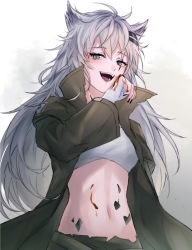 Rule 34 | 1girl, :d, animal ears, arknights, bandeau, black coat, black nails, blood, blood on face, breasts, coat, commentary, cowboy shot, eyelashes, grey background, grey eyes, hair between eyes, haku wi, hand on own cheek, hand on own face, highres, lappland (arknights), long hair, long sleeves, looking at viewer, material growth, medium breasts, midriff, nail polish, navel, open clothes, open coat, open mouth, oripathy lesion (arknights), scar, scar across eye, scar on face, silver hair, simple background, smile, solo, strapless, tube top, wiping face, wolf ears