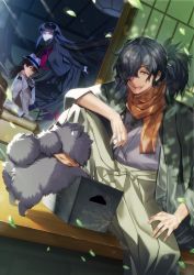 Rule 34 | 1girl, 2boys, :d, animal, armchair, arms behind back, arrow (tamawo222), black hair, black scarf, black shirt, black skirt, brown eyes, brown scarf, chair, commentary request, day, dice, dog, falling leaves, fate/grand order, fate (series), fingernails, fringe trim, gloves, grey kimono, hair over one eye, hat, highres, holding, jacket, japanese clothes, kimono, koha-ace, leaf, long hair, long sleeves, low ponytail, multiple boys, okada izou (dog) (fate), okada izou (fate), open mouth, oryou (fate), outdoors, pantyhose, parted lips, pink pantyhose, pleated skirt, ponytail, red eyes, sakamoto ryouma (fate), scarf, shirt, sitting, skirt, smile, v-shaped eyebrows, very long hair, white gloves, white hat, white jacket, wide sleeves