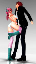 Rule 34 | 1boy, 1girl, 3d, ass, ball busting, bdsm, bikini, boots, breasts, cbt, crotch kick, femdom, from behind, from below, full body, gradient background, hand on own hip, headphones, large breasts, long hair, panties, pink hair, pink thighhighs, short hair, side-tie bikini bottom, skindentation, standing, standing on one leg, star (symbol), star print, super sonico, swimsuit, thighhighs, underboob, underwear, white bikini