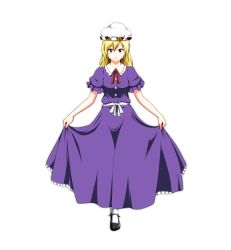 Rule 34 | 1girl, blonde hair, curtsey, dress, female focus, full body, ghostly field club, hat, highres, long dress, maribel hearn, mary janes, purple dress, purple eyes, seren (staphy), shoes, solo, standing, touhou, transparent background