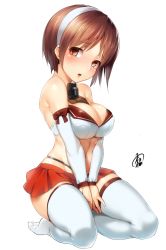 Rule 34 | 10s, 1girl, ayagi daifuku, bare shoulders, black panties, blush, breasts, brown eyes, brown hair, cleavage, covering privates, covering crotch, crop top, detached sleeves, female focus, hairband, kantai collection, large breasts, long sleeves, midriff, miniskirt, natori (kancolle), open mouth, panties, simple background, sitting, skirt, solo, thighhighs, underwear, v arms, wariza, white thighhighs, zettai ryouiki
