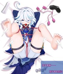 Rule 34 | 1girl, absurdres, arms behind head, ascot, ball gag, bare legs, bdsm, bed, blue eyes, blue jacket, blush, bondage, bound, feet above head, feet up, furina (genshin impact), gag, genshin impact, highres, jacket, looking at viewer, lying, on back, red rope, rope, sex toy, solo, tickle torture, tickling, tickling feet, vibrator