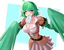 Rule 34 | 1girl, ahoge, belt, blue background, blush, breasts, cleavage, closed eyes, commentary, feathered wings, feathers, green feathers, green hair, green wings, harpy, heart stickers, highres, large breasts, mail, medium hair, messy hair, monster girl, mouth hold, original, pleated skirt, short sleeves, skirt, solo, twitter username, two-tone background, white background, white skirt, winged arms, wings, xynian arts