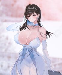 Rule 34 | absurdres, alternate breast size, bare shoulders, black eyes, blue hair, blush, breasts, brown hair, cleavage, closed mouth, collarbone, colored inner hair, dress, elbow gloves, gloves, goddess of victory: nikke, goo bbue, highres, holding, huge breasts, jewelry, long hair, marian (nikke), multicolored hair, necklace, smile, white dress, white gloves