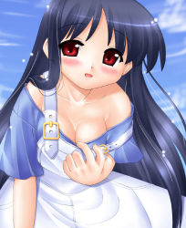 Rule 34 | 1girl, bare shoulders, blue hair, blush, breasts, dress, hase yu, long hair, open mouth, overalls, red eyes, solo, suigetsu, very long hair