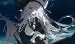 Rule 34 | absurdres, albino, aonogura, arknights, hair between eyes, head tilt, highres, long hair, looking at viewer, night, nun, own hands clasped, own hands together, pale skin, red eyes, specter (arknights), underwater, very long hair, white hair, white wrist cuffs, wrist cuffs