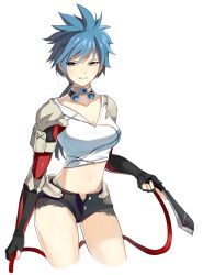 Rule 34 | 1girl, bad id, bad pixiv id, blue eyes, blue hair, blue panties, boba, breasts, choker, closers, cowboy shot, crop top, elbow pads, fingerless gloves, genderswap, genderswap (mtf), gloves, holding, holding knife, holding weapon, knife, long hair, looking at viewer, matching hair/eyes, midriff, nata (closers), open fly, panties, panty peek, parted lips, ponytail, short hair, short shorts, shorts, shoulder pads, simple background, smirk, solo, spiked hair, tsurime, unbuttoned, underwear, unzipped, very short hair, weapon, white background