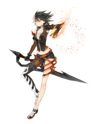 Rule 34 | &gt;:(, 1girl, asymmetrical sleeves, aura, black footwear, black gloves, black hair, black thighhighs, black vest, breasts, cleavage, closed mouth, collarbone, cross, cross necklace, elsword, fishnets, frown, full body, genderswap, genderswap (mtf), gloves, highres, holding, holding sword, holding weapon, impossible clothes, jewelry, looking at viewer, mechanical arms, medium breasts, mismatched sleeves, moyashi (rina), multicolored hair, necklace, raven cronwell, reckless fist (elsword), reverse grip, shoes, short hair, shorts, single glove, single mechanical arm, single thighhigh, solo, spiked hair, swept bangs, sword, thighhighs, two-tone hair, v-shaped eyebrows, vest, weapon, white background, white hair, yellow eyes