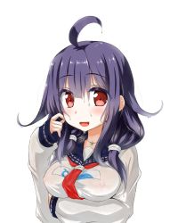 Rule 34 | 1girl, ahoge, animal print, breasts, fish print, hair flaps, highres, kantai collection, koda (kodadada), large breasts, long hair, looking at viewer, low twintails, neckerchief, purple hair, red eyes, red neckerchief, school uniform, serafuku, simple background, smile, solo, sweat, taigei (kancolle), twintails, upper body, whale print, white background