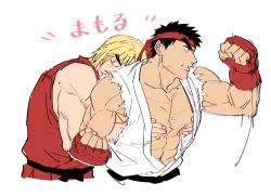 Rule 34 | 2boys, abs, bad id, bad twitter id, bara, bare shoulders, blonde hair, boxing, boxing gloves, capcom, couple, cropped torso, dark-skinned male, dark skin, dougi, grabbing, groping, headband, highres, ken masters, large pectorals, male focus, mature male, motion blur, multiple boys, muscular, muscular male, navel, open clothes, open shirt, pectoral cleavage, pectoral grab, pectorals, ryu (street fighter), shirt, short hair, stomach, street fighter, sweatdrop, torn clothes, torn shirt, translation request, white background, yaoi, yuiofire