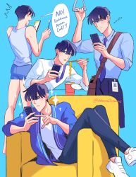 Rule 34 | 1boy, armchair, bag, black hair, blue background, blue jacket, blue necktie, blue pants, blue shirt, blue shorts, blush, brown bag, cellphone, chair, chopsticks, closed mouth, collared shirt, commentary, cup ramen, english commentary, english text, food, from behind, full body, hair between eyes, hand grip, highres, holding, holding chopsticks, holding phone, holding toothbrush, id card, jacket, kim dokja, looking at phone, male focus, manadreams, multiple views, necktie, noodles, omniscient reader&#039;s viewpoint, open clothes, open jacket, open mouth, pants, phone, purple eyes, ramen, shirt, shoes, short hair, short shorts, shorts, shoulder bag, simple background, sitting, sitting sideways, smartphone, sparkle, speech bubble, standing, tank top, tearing up, toothbrush, twitter username, white footwear, white shirt, white tank top