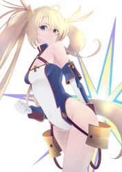 Rule 34 | 1girl, armor, bare shoulders, blonde hair, blue eyes, blue gloves, blue leotard, bradamante (fate), bradamante (first ascension) (fate), braid, breasts, cleavage, crown braid, elbow gloves, energy barrier, energy shield, fate/grand order, fate (series), faulds, gloves, highleg, highleg leotard, highres, leotard, long hair, looking at viewer, manjirou (manji illust), medium breasts, smile, solo, thighs, twintails, two-tone gloves, two-tone leotard, very long hair, white gloves, white leotard