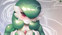 Rule 34 | 1girl, artist name, blush, breasts, breasts squeezed together, collarbone, colored skin, creatures (company), female focus, floral background, game freak, gardevoir, gen 3 pokemon, green hair, green skin, grey background, hair over one eye, looking at viewer, medium breasts, multicolored skin, nintendo, parted lips, patreon logo, patreon username, pokemon, pokemon (creature), red eyes, shiny skin, short hair, signature, solo, subscribestar username, teeth, terithes, two-tone skin, upper body, watermark, white skin